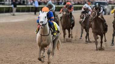 El campeón White Abarrio con Irad Ortiz Jr., en el óvalo de Florida.