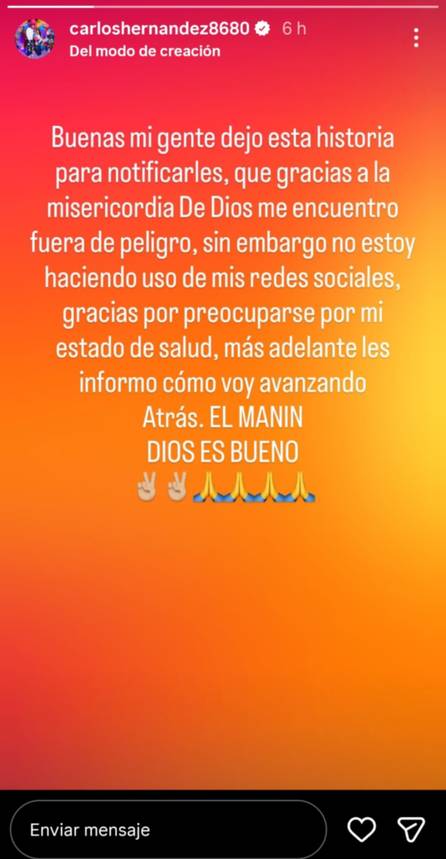 Este es el primer mensaje de Carlos Hernández tras su impactante accidente