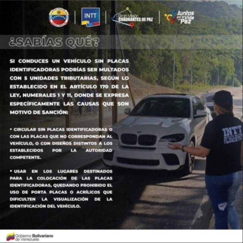 INTT advierte: Multas y sanciones por no portar placas identificadoras en vehículos