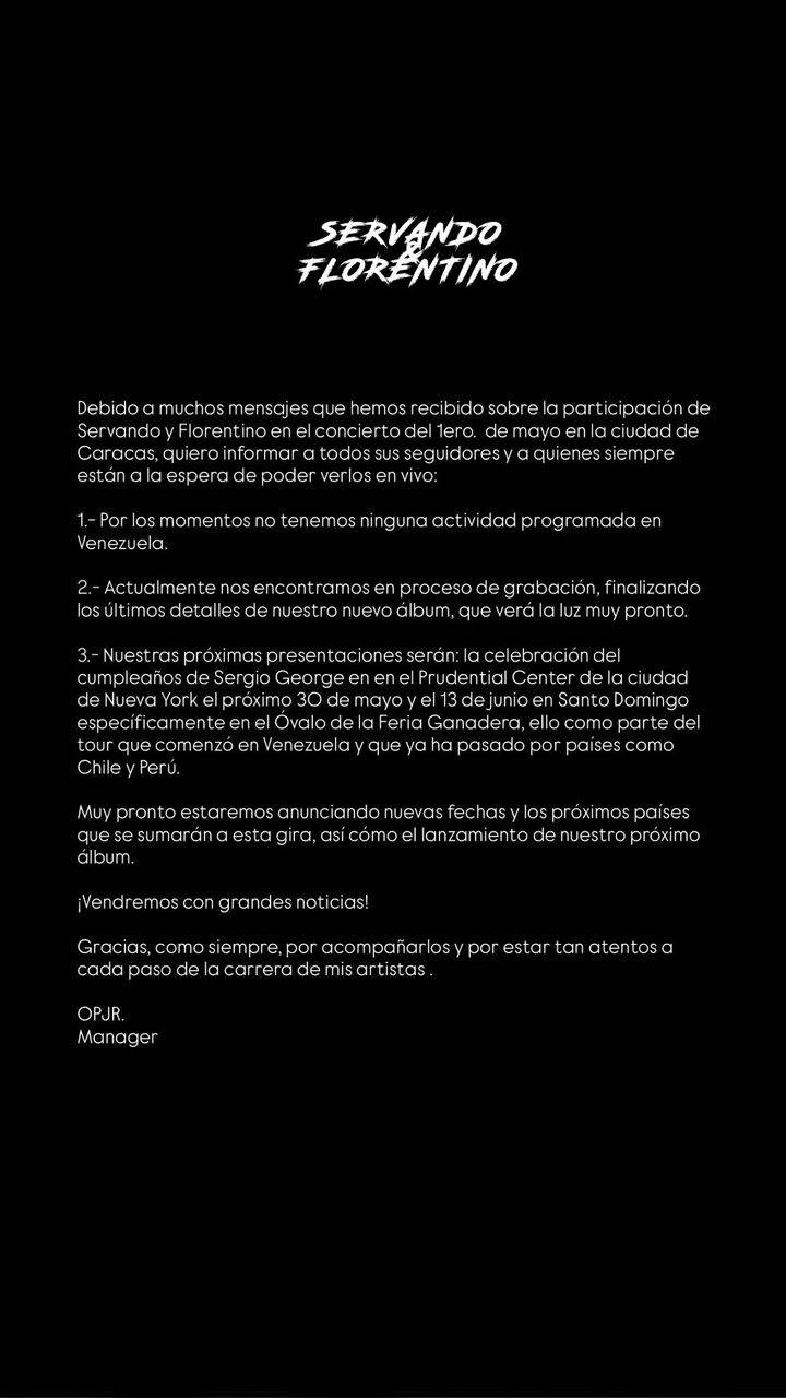 Servando y Florentino se desligan del concierto gratuito en Caracas 