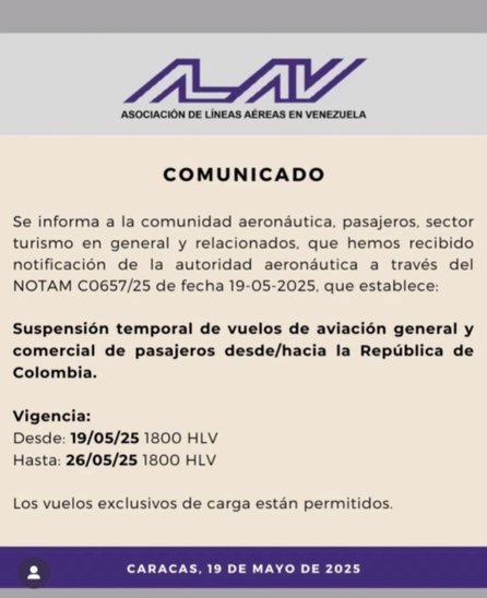 Suspensión temporal de vuelos entre Venezuela y Colombia- Suspensión temporal de vuelos entre Venezuela y Colombia