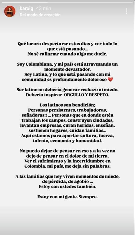 Karol G conmocionada por los hechos violentos en Colombia: “No sé callarme cuando algo duele”