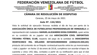 La Cámara de Resolución de Disputas notificó plazo límite al Dvo Táchira para pagar deuda a Samu Sosa La Cámara de Resolución de Disputas notificó plazo límite al Dvo Táchira para pagar deuda a Samu Sosa