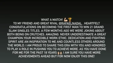 La emotiva felicitación de Roger Federer a Rafael Nadal tras su título en Australia