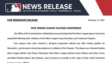 MLB suspende a peloteros criollos tras dar positivo en controles antidoping de las Ligas Menores MLB suspende a peloteros criollos tras dar positivo en controles antidoping de las Ligas Menores