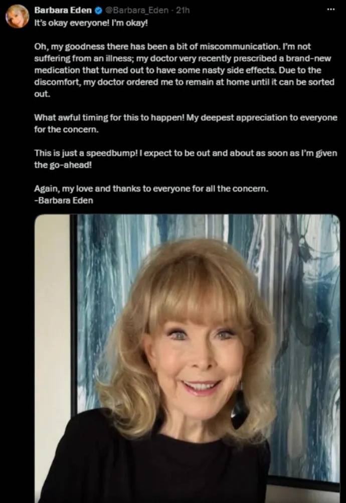 ¿Qué le pasó a Barbara Eden? La estrella de “Mi bella genio” habla de su salud