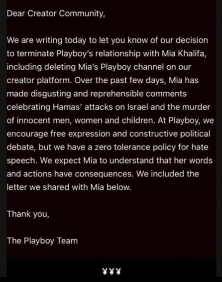 Playboy tomó acciones en contra de Mia Khalifa por su apoyo a la guerra entre Israel y Gaza