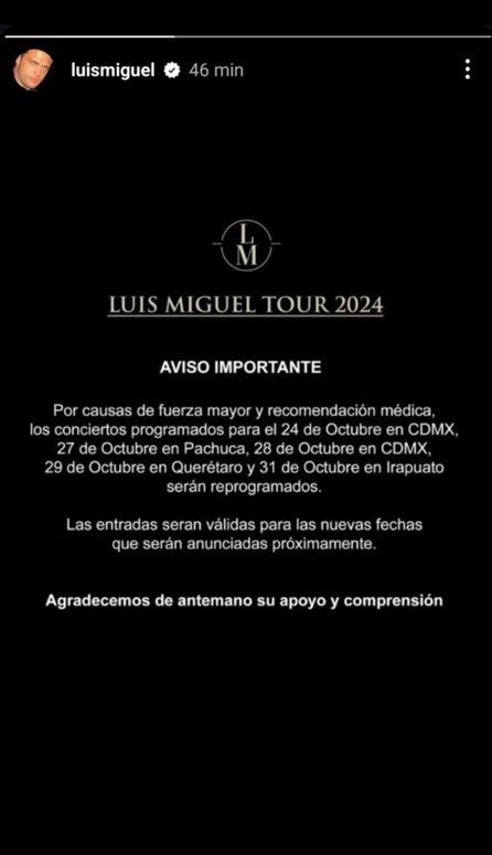 Luis Miguel pospone concierto a dos horas antes de comenzar 