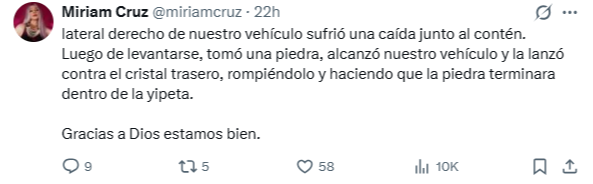 Miriam Cruz sufrió atentado en su camioneta: "Muy grave" Miriam Cruz sufrió atentado en su camioneta: "Muy grave"